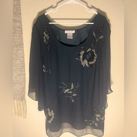 Roaman's Tops - Romans Woman's Blouse Tunic black Beaded Size 22W Plus Open Sleeve